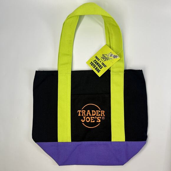 New Trader Joes Trick-or-Treat Halloween Mini Canvas Tote Bag Black Green Purple - Picture 1 of 2
